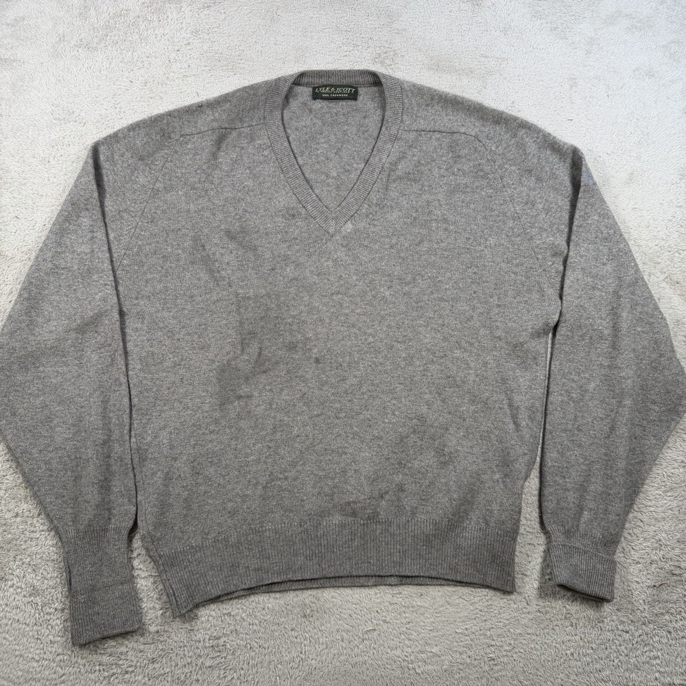 Lyle & Scott Sweater Mens XL Grey 100% Cashmere V-Neck Scotland Pullover Soft